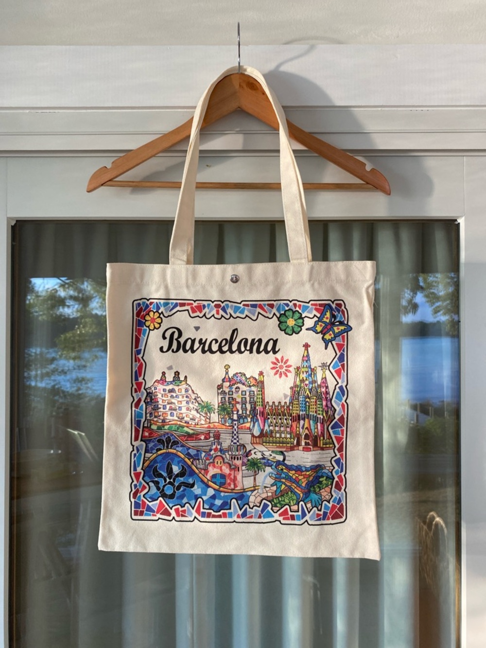 Barcelona Canvas Tote Bag - Cream with Colorful Print